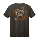 Back Porch Apparel Happy Fall T-Shirt in Dark Chocolate with vintage autumn leaves back graphic