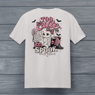 Too Cute to Spook Halloween T-Shirt in Ice Grey with pink mummy and cowboy boot design
