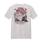 Back Porch Apparel Too Cute to Spook Ice Grey Halloween T-Shirt with pink and black mummy graphic