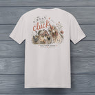 What the Cluck funny chicken graphic printed on an ice grey super soft ring spun cotton t-shirt by Back Porch Apparel.