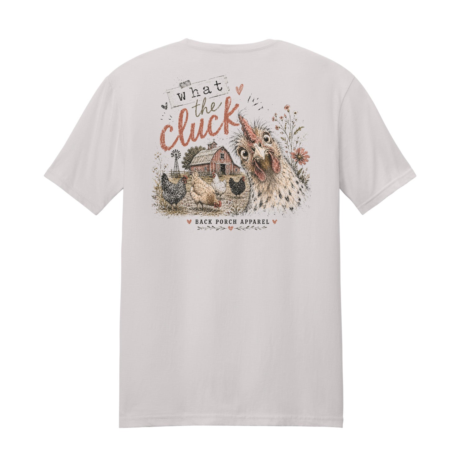 Back view of the What the Cluck funny chicken t-shirt on an ice grey ring spun cotton shirt with white background.