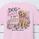 Close-up of the Dog Hair Is My Glitter design featuring a golden retriever puppy, rocking chair, flowers, paw prints, and rustic farmhouse accents.