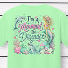 Close-up of the Back Porch Apparel I'm A Mermaid In Disguise design featuring a pastel mermaid, playful dolphins, seashells, coral, starfish, and coastal artwork with decorative typography.