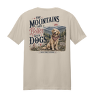 Sand-colored unisex t-shirt with "The Mountains Are Better With Dogs" back graphic featuring a Golden Retriever in the Blue Ridge Mountains and Back Porch Apparel logo.