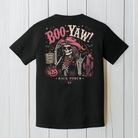 Back Porch Apparel Boo-Yaw Halloween T-Shirt in black with pink skeleton cowgirl Western design