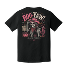 Black Boo-Yaw Western Cowgirl Halloween T-Shirt by Back Porch Apparel with skeleton cowgirl graphic