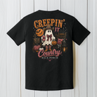 Back Porch Apparel Creepin' It Country Halloween T-Shirt in black with ghost, cowboy boots and pumpkins