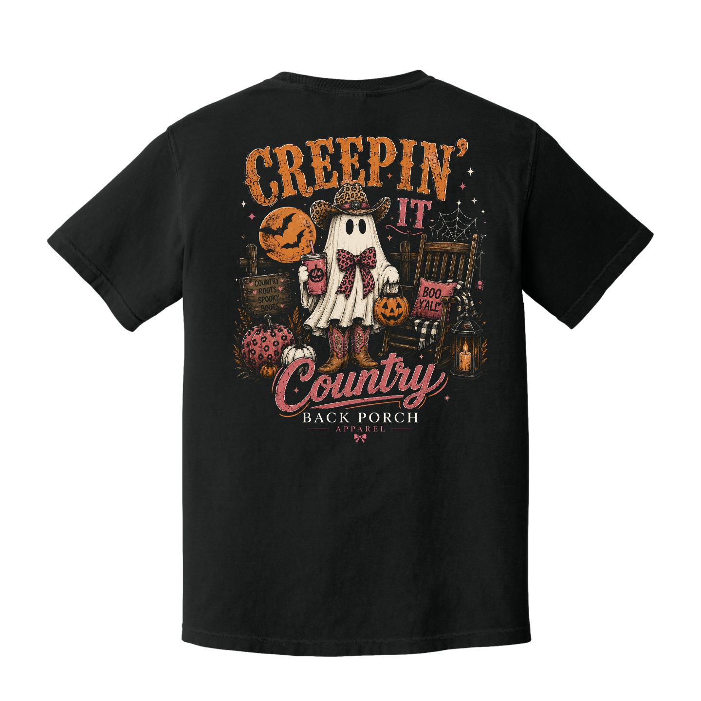 Black Creepin' It Country Ghost Halloween T-Shirt by Back Porch Apparel with Western back graphic