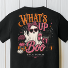 What's Up Boo Halloween shirt design with cute ghost pink bow heart sunglasses pumpkins and rocking chair