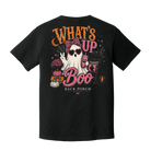 Black What's Up Boo Ghost Halloween T-Shirt by Back Porch Apparel with pink and orange back graphic