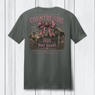 Charcoal gray ring spun cotton t-shirt featuring a large vintage country girl graphic on the back with a pink camo bow, barn scene, and rustic southern text.