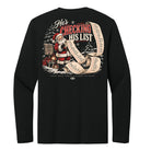 A black long-sleeve t-shirt with a large Christmas-themed back graphic showing Santa Claus checking a long list, with the text 'He's CHECKING HIS LIST' and 'BACK POST APPAREL CO.'.