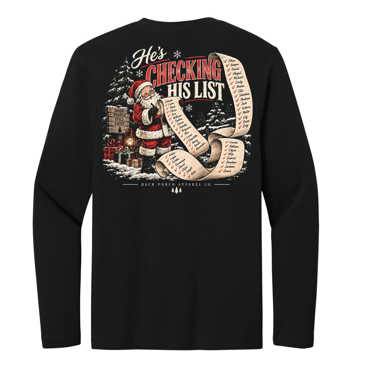 A black long-sleeve t-shirt with a large Christmas-themed back graphic showing Santa Claus checking a long list, with the text 'He's CHECKING HIS LIST' and 'BACK POST APPAREL CO.'.