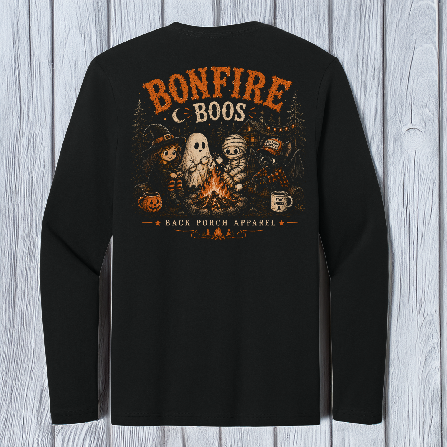 Black Bonfire Boos long sleeve shirt with vintage Halloween campfire design