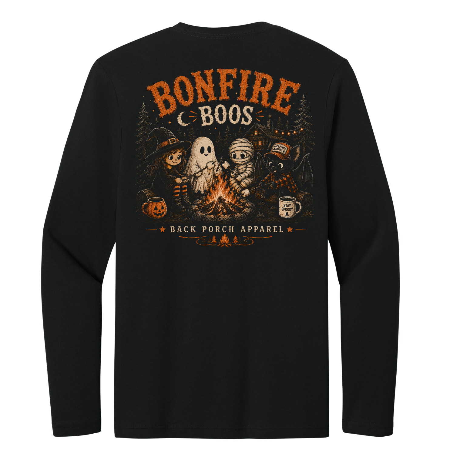Bonfire Boos Halloween black long sleeve T-shirt by Back Porch Apparel