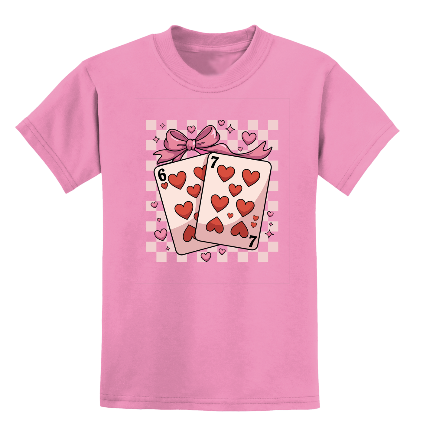 Youth pink cotton t-shirt featuring the six and seven of hearts playing cards tied with a bow and heart accents
