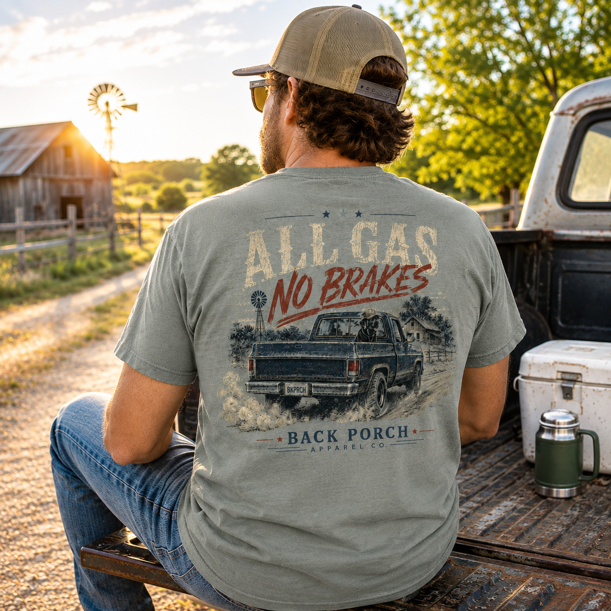Man wearing a All Gas No Breaks Back Porch Apparel Comfort Colors Shirt