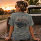 Woman wearing a All Gas No Brakes Back Porch Apparel Comfort Colors Shirt