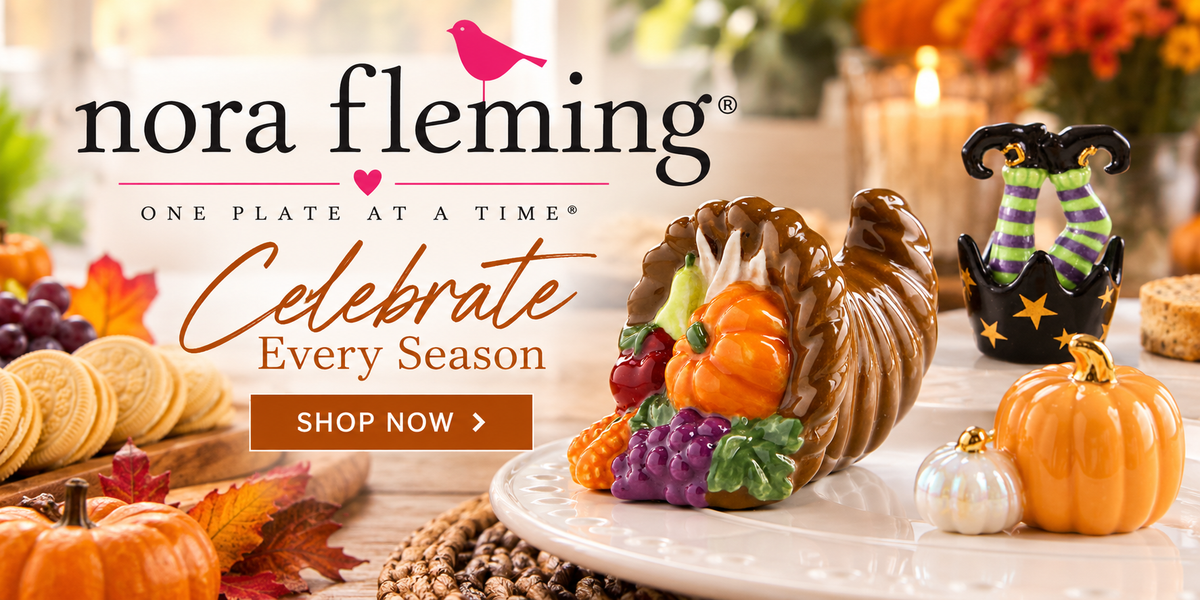 Nora Fleming fall and Halloween minis featuring a harvest cornucopia, pumpkins and witch legs with “Celebrate Every Season” and Shop Now.