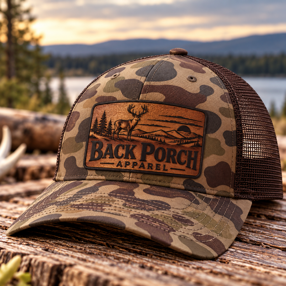 Richardson 112PFP Bark Duck Camo trucker hat with brown mesh back and brown leather patch featuring a whitetail buck, mountain landscape, pine trees, and Back Porch Apparel logo, photographed outdoors beside a mountain lake at sunset.