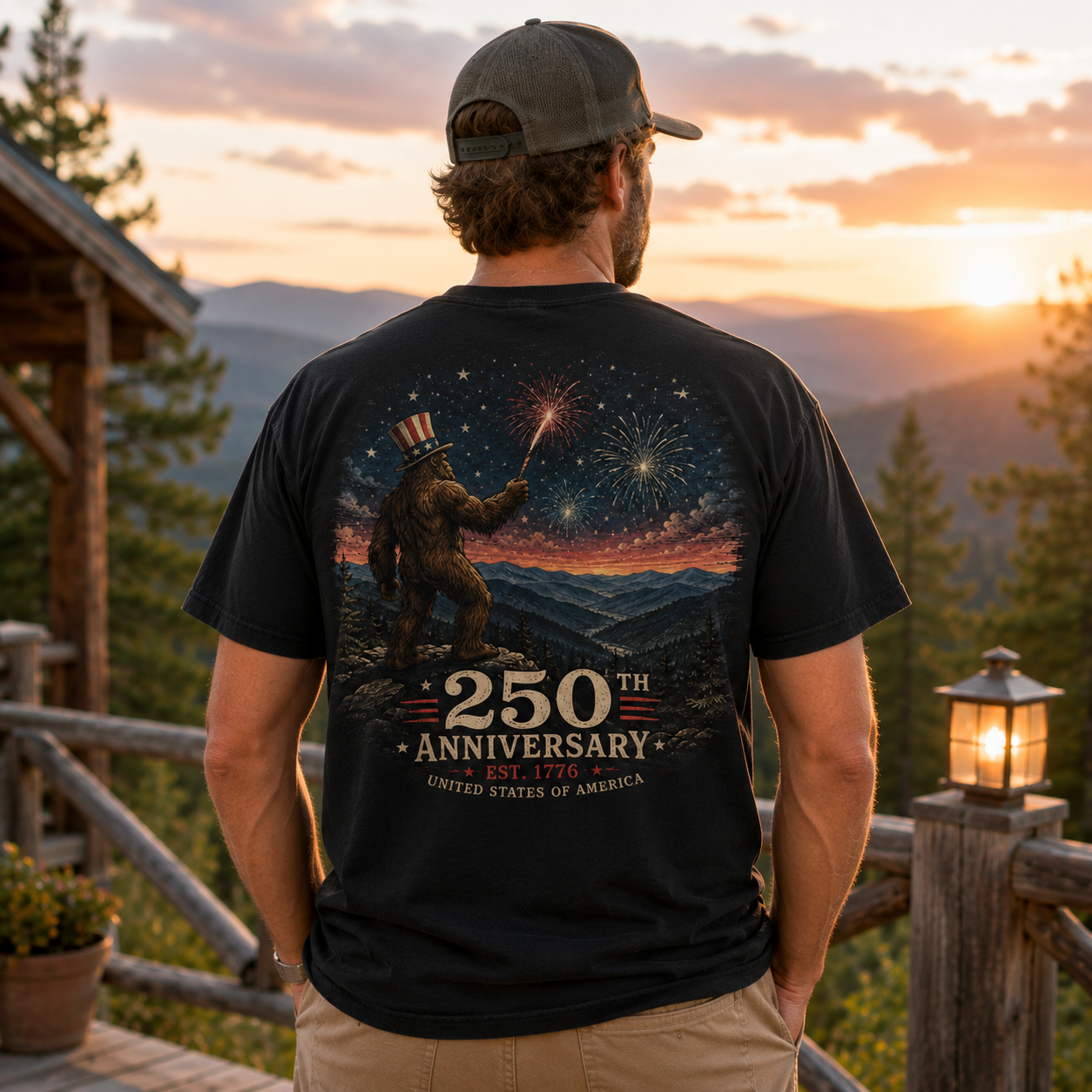 A man stands on a wooden porch at sunset wearing a black graphic T-shirt. The back of the shirt features a large printed design of a Bigfoot figure under fireworks with the text '250th Anniversary' and 'Est.