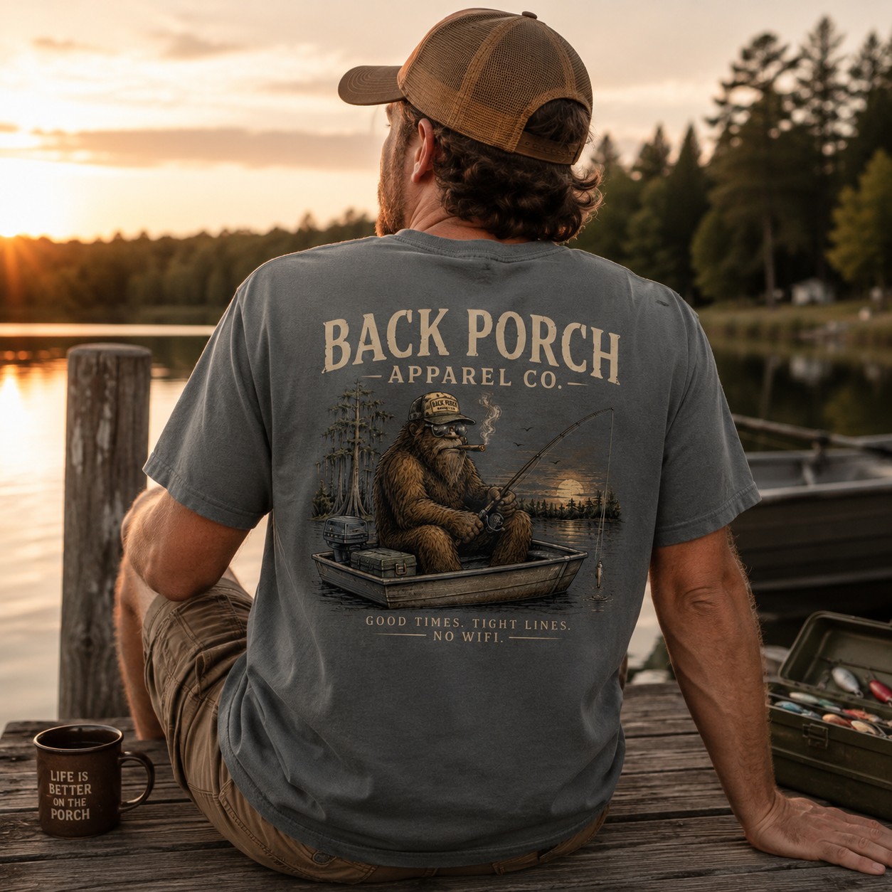 Man wearing a Bigfoot Fishing Back Porch Apparel Comfort colors Shirt
