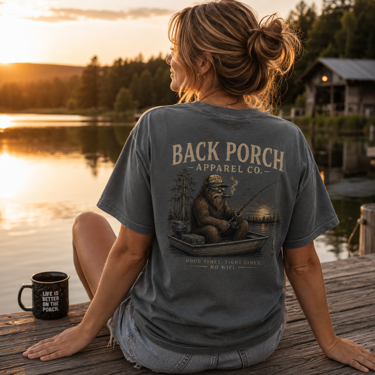 Woman wearing a Bigfoot Fishing Back Porch Apparel Comfort Colors Shirt