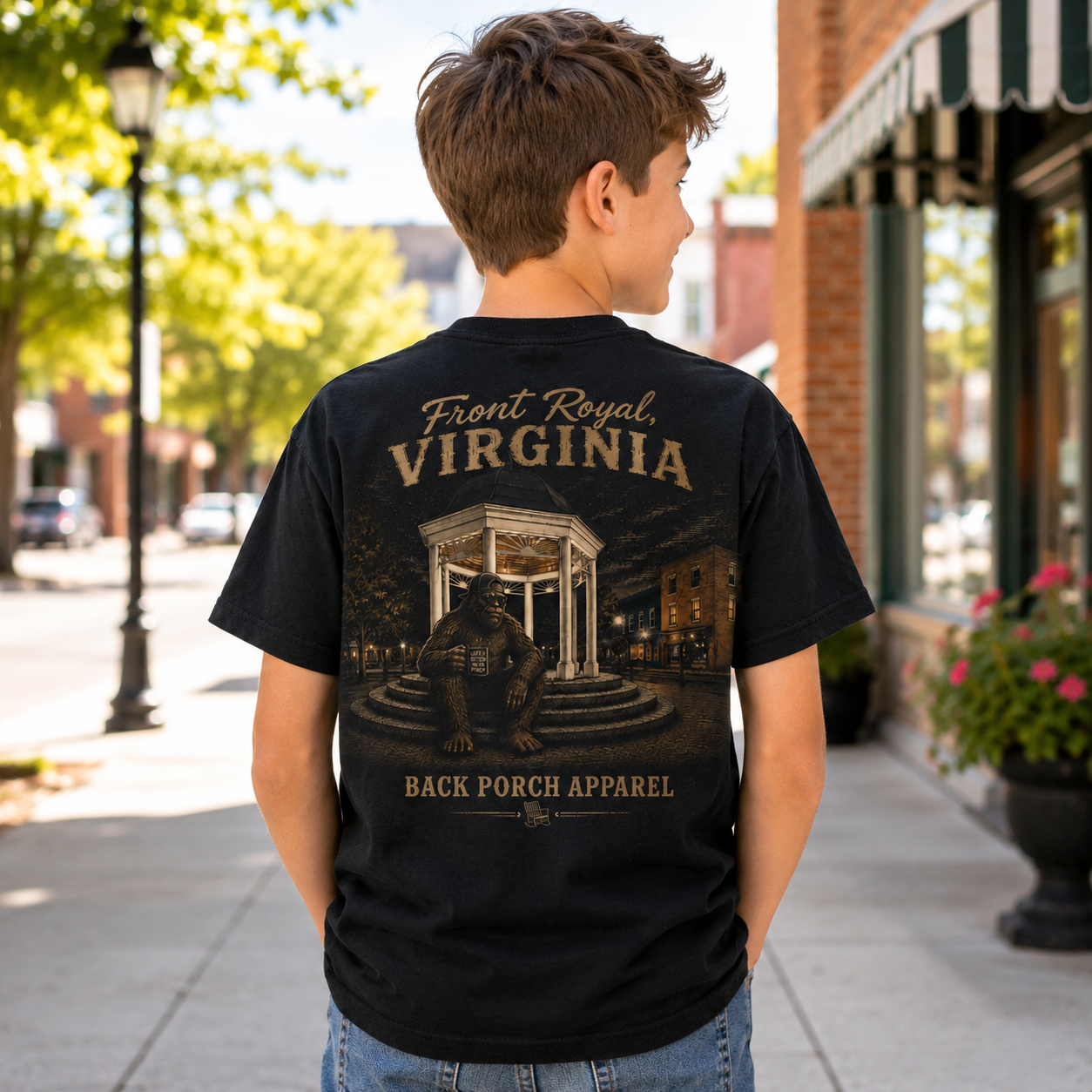 A boy standing outdoors on a city sidewalk, photographed from the back, wearing a black graphic T-shirt with a large front-back style print featuring the words 'Front Royal, Virginia' and 'Back Porch Apparel' over an illustration of a classical porch and statue.