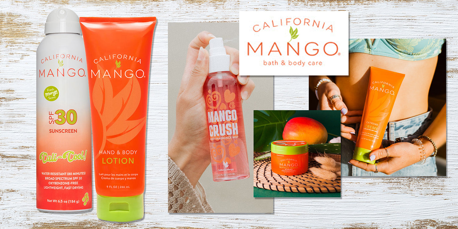 California Mango hydrating body care collection with lotion, body mist, skin balm, sunscreen, and foot spa essentials.