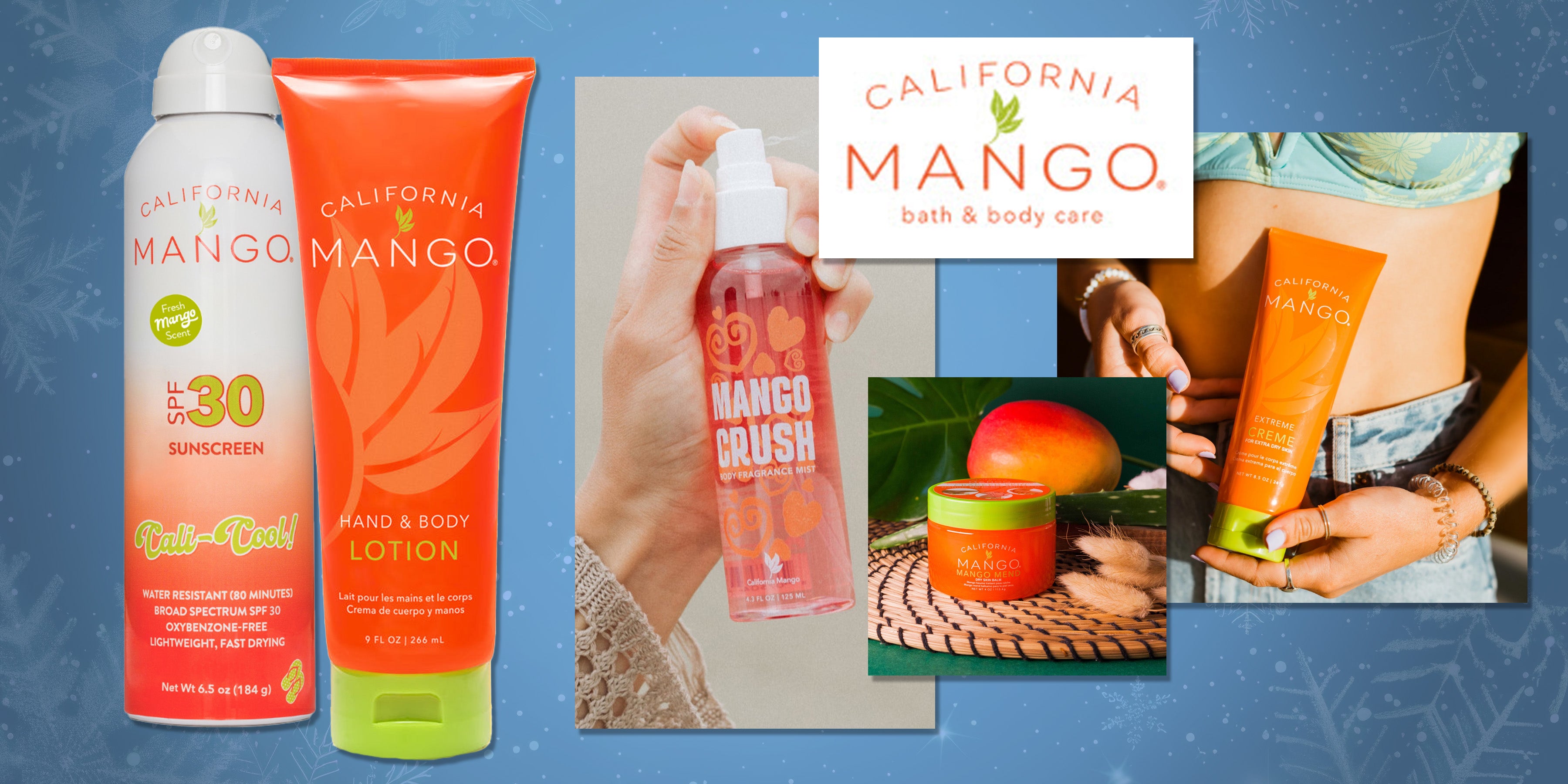 California Mango hydrating body care collection with lotion, body mist, skin balm, sunscreen, and foot spa essentials.