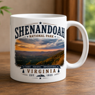 11oz white ceramic Shenandoah National Park coffee mug featuring the original Sunset at Hogback photograph by Scott Turnmeyer, handcrafted in Front Royal, Virginia.