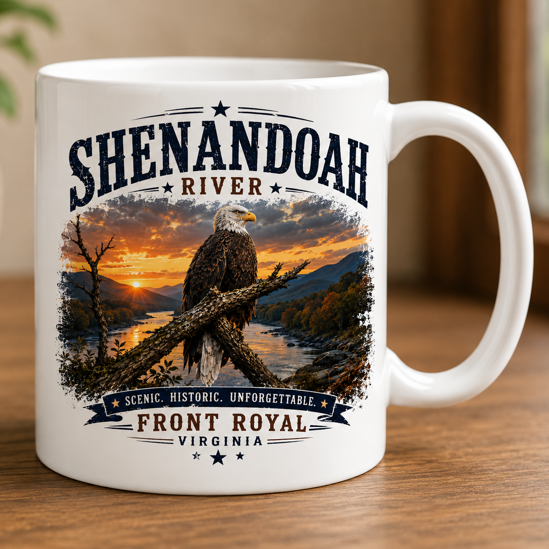 11oz white ceramic Shenandoah River coffee mug featuring an original bald eagle photograph by Scott Turnmeyer, handcrafted in Front Royal, Virginia.
