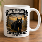 11oz white ceramic Shenandoah National Park Black Bear coffee mug featuring original wildlife artwork, handcrafted by Turnmeyers in Front Royal, Virginia.