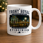 11oz white ceramic Front Royal at Christmas coffee mug featuring the original downtown gazebo holiday photograph by Scott Turnmeyer, handcrafted in Front Royal, Virginia.