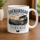 11oz white ceramic Shenandoah National Park Virginia coffee mug featuring mountain overlook artwork, designed and handcrafted by Turnmeyers in Front Royal, Virginia.
