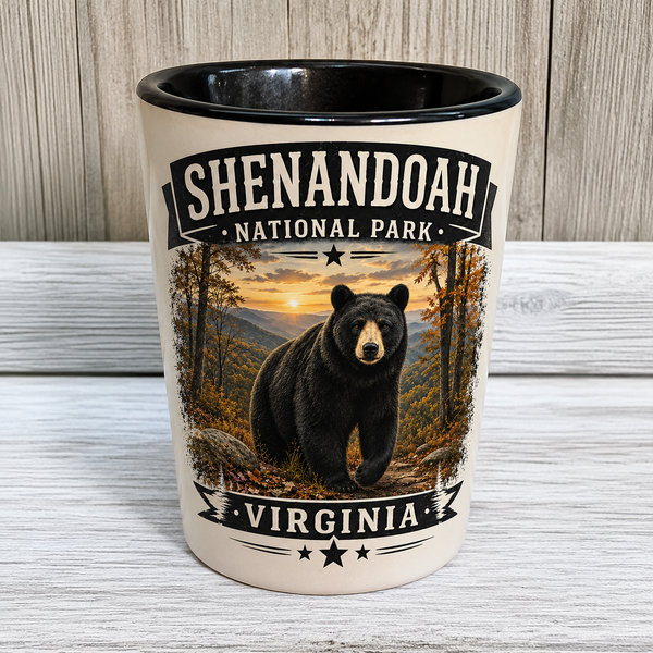 Shenandoah National Park Black Bear Ceramic Shot Glass | Virginia Wildlife Souvenir | 2 oz Black Interior Shot Glass