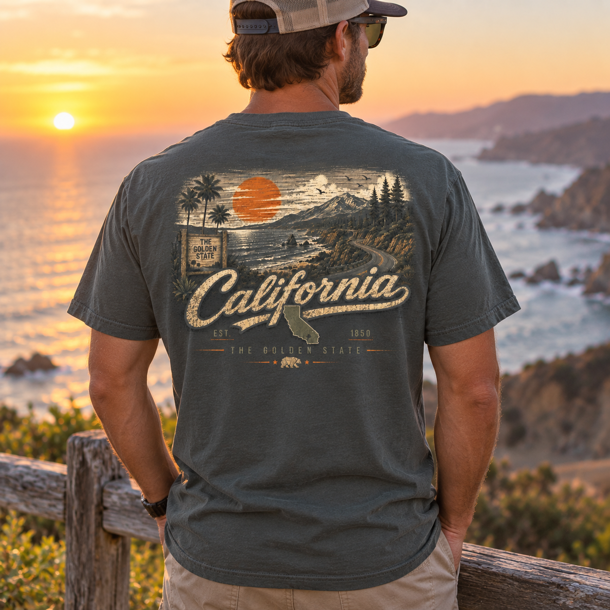 A man stands outdoors at sunset wearing a dark charcoal gray t-shirt with a large vintage-style California graphic on the back, overlooking a coastal landscape.