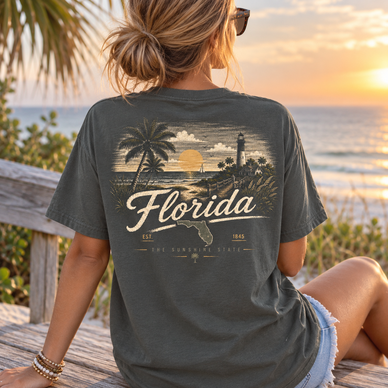 A woman sitting on a wooden bench at the beach, viewed from behind, wearing a dark charcoal gray t-shirt with a vintage-style Florida graphic on the back. The graphic features a sunset, palm trees, a lighthouse, and the text 'Florida' and 'The Sunshine State'.