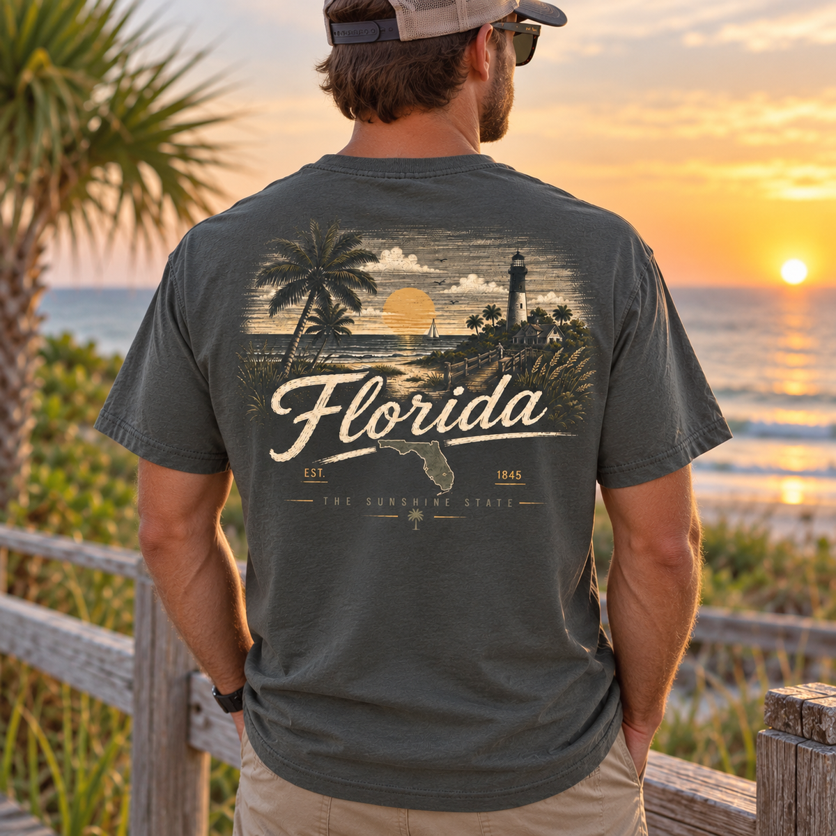 A man stands outdoors at sunset wearing a dark charcoal gray t-shirt with a large graphic print on the back featuring a Florida lighthouse scene and the word 'Florida' in cream lettering.