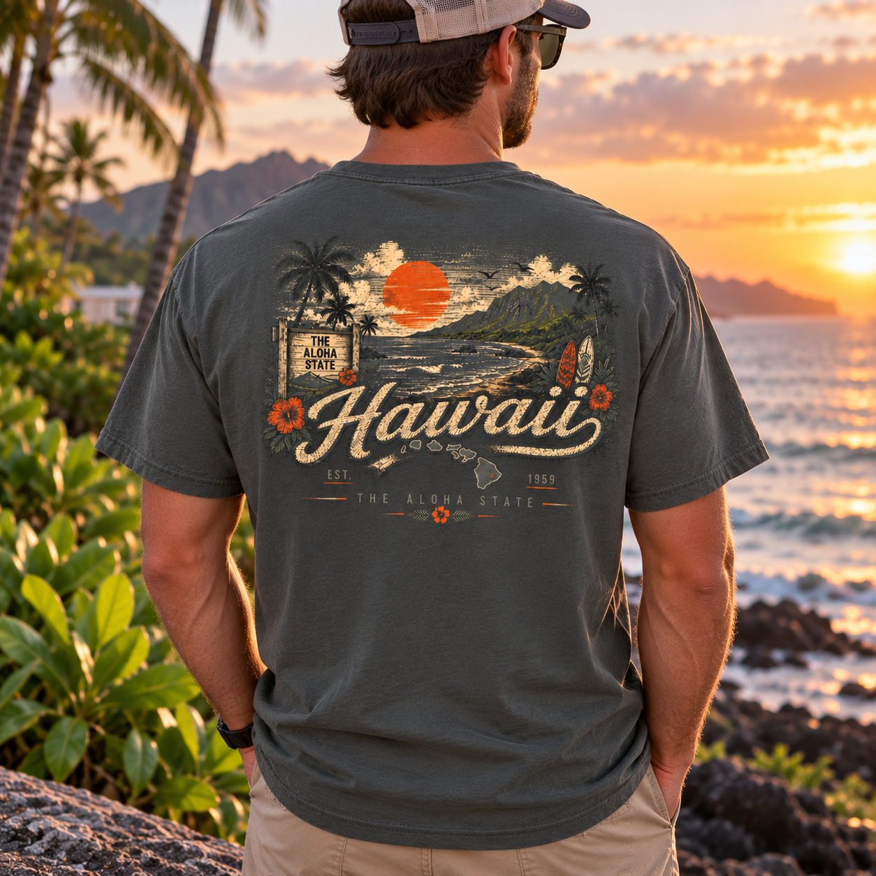 A man stands outdoors on a beach at sunset wearing a dark charcoal gray t-shirt with a large vintage-style Hawaii graphic on the back, paired with khaki pants and a baseball cap.