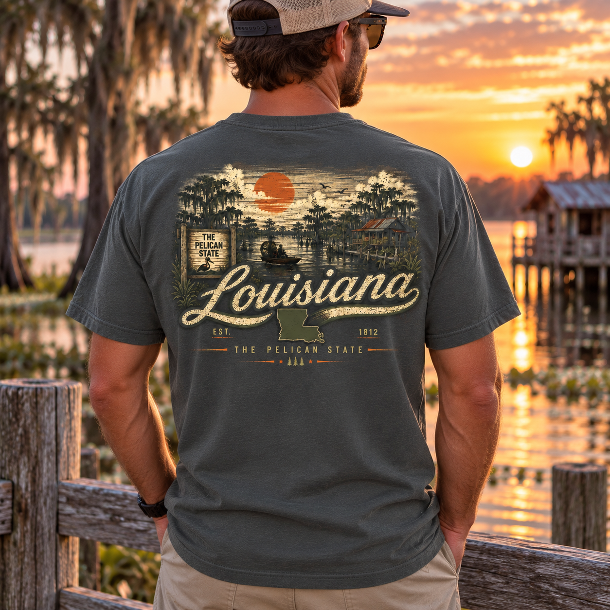 A man stands on a wooden dock at sunset wearing a dark gray t-shirt with a large vintage-style Louisiana graphic on the back, featuring a pelican, boat, and 'Louisiana' text.