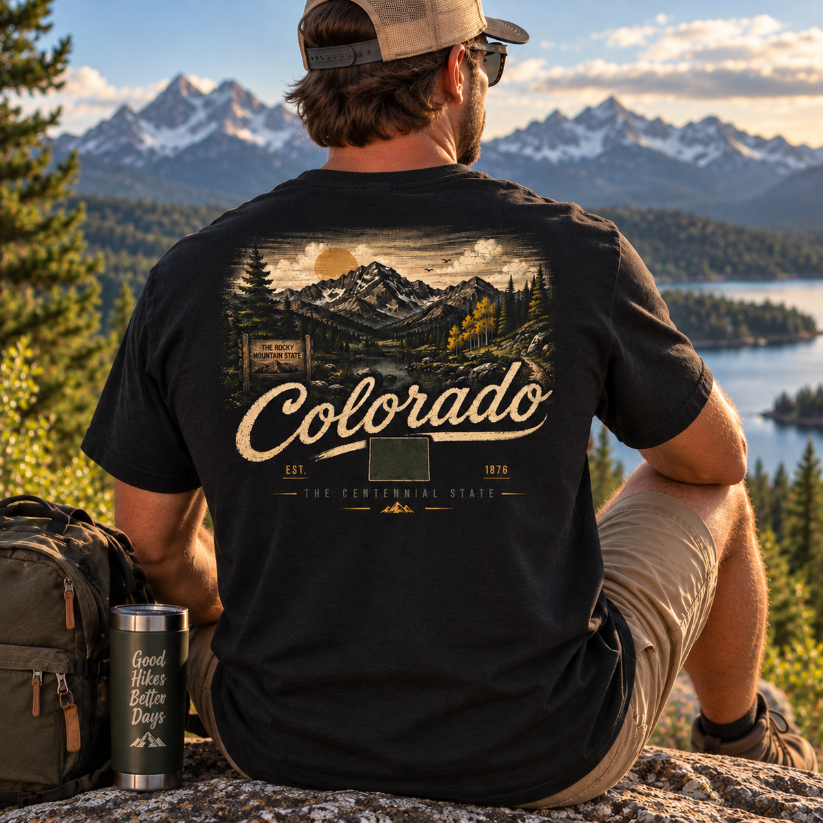 A man sits outdoors on a rock overlooking a mountain lake landscape, wearing a black graphic T-shirt with a large Colorado mountain scene and the word Colorado across the back. A backpack and insulated tumbler are beside him.