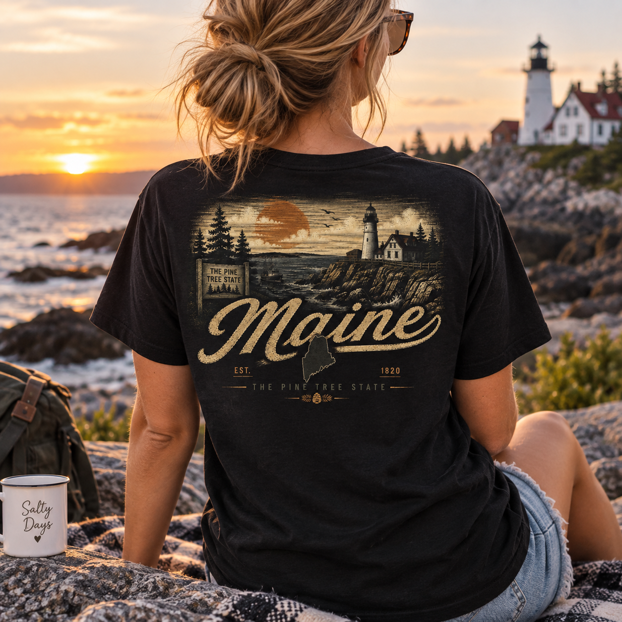 A woman sits on a rocky beach at sunset wearing a black graphic T-shirt with a vintage-style Maine lighthouse and coastline print on the back. The shirt reads “Maine” with “The Pine Free State” and “Est.