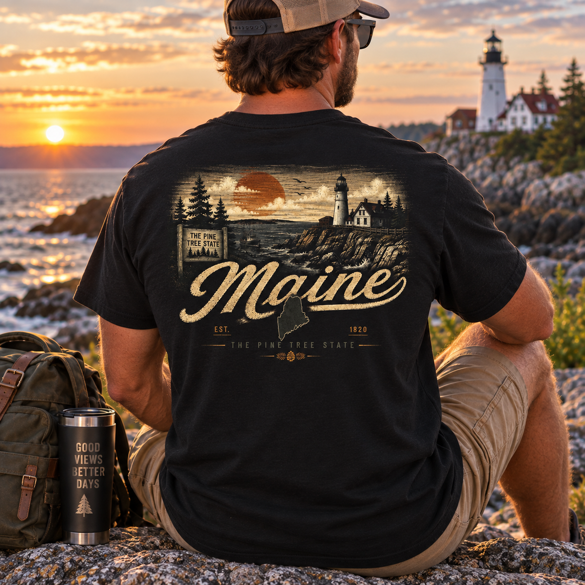 A man sits on rocks at a beach at sunset, viewed from behind, wearing a black graphic T-shirt with a Maine lighthouse and coastline print. A backpack and insulated tumbler are beside him.