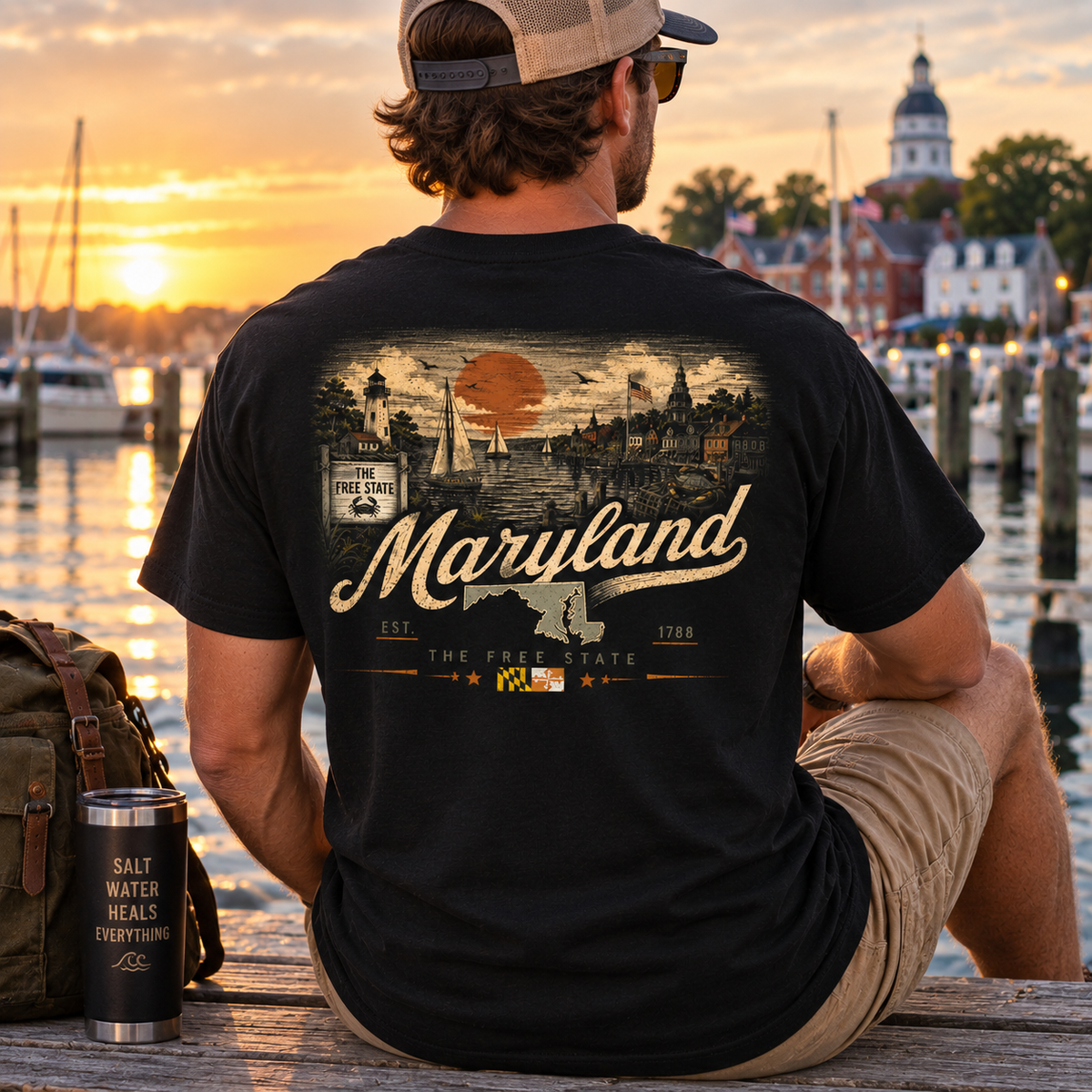 A man sits on a wooden dock at sunset wearing a black graphic T-shirt with a vintage-style Maryland skyline print on the back. The scene includes a harbor, boats, and a historic building in the background.