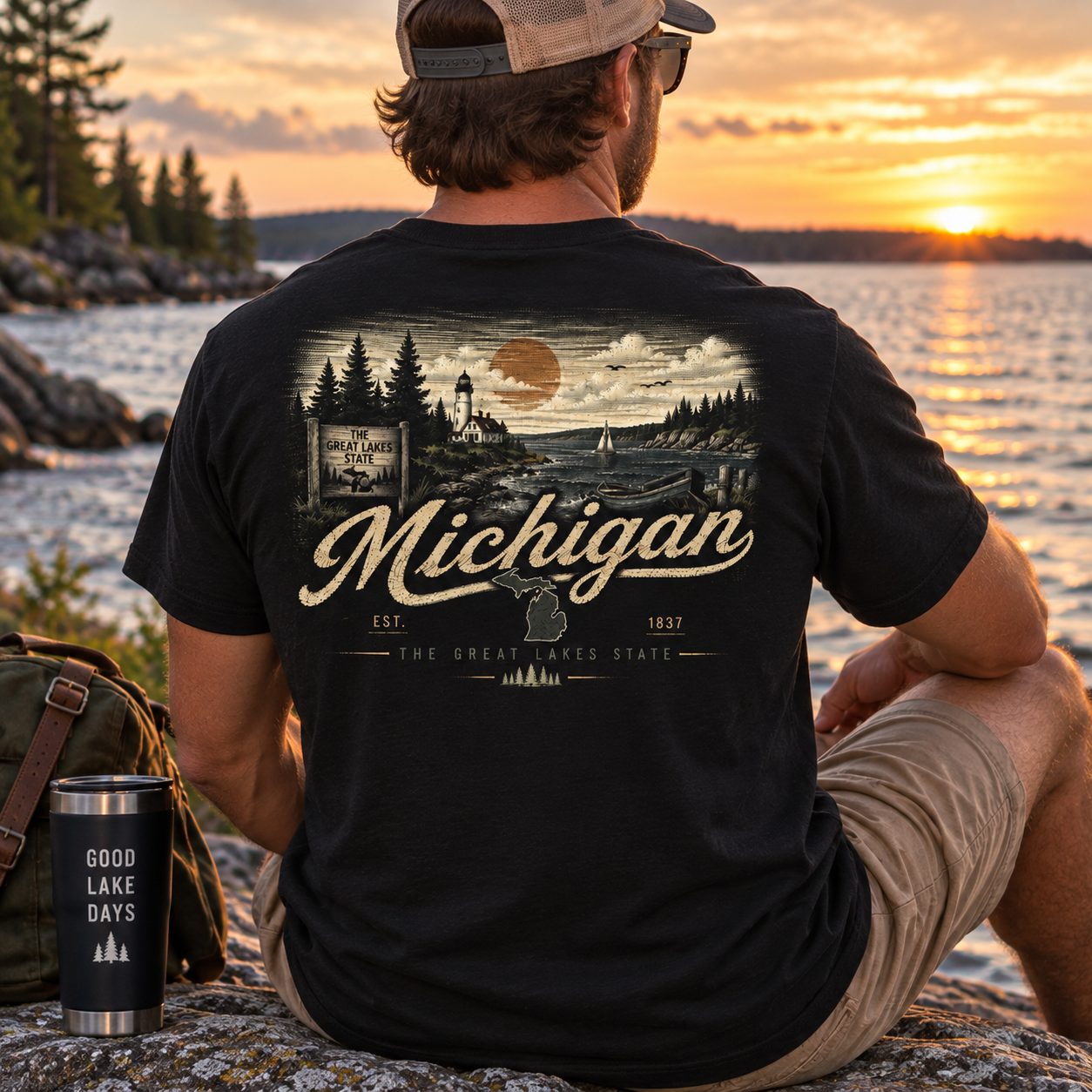 A man sits on a rock by a lake at sunset wearing a black graphic t-shirt with a vintage-style Michigan landscape print on the back. A matching black tumbler with 'GOOD LAKE DAYS' sits beside him.