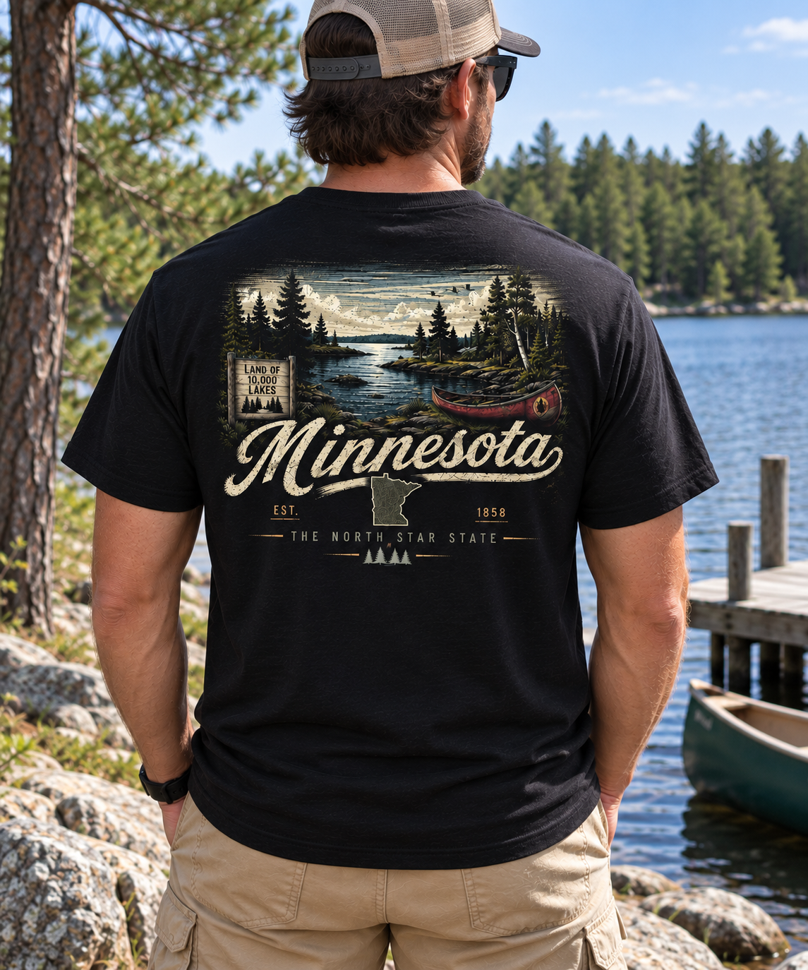 A man stands outdoors by a lake wearing a black graphic T-shirt from the back. The shirt features a scenic Minnesota lakeside print with a canoe, trees, and large white 'Minnesota' lettering.