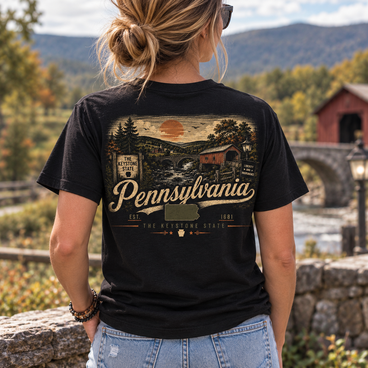 A woman viewed from behind wearing a black graphic t-shirt with a vintage-style Pennsylvania landscape print on the back, set against a scenic outdoor background of a stone bridge and mountains.