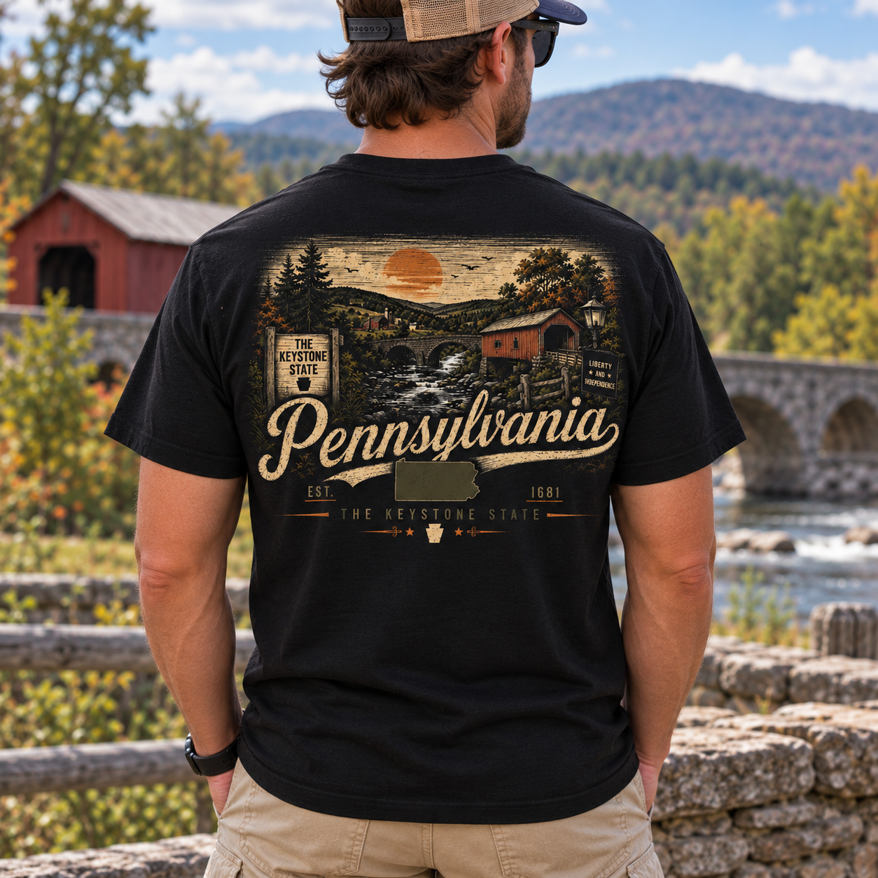 A man viewed from behind wearing a black graphic t-shirt with a vintage-style Pennsylvania landscape print, standing outdoors in front of a stone bridge and mountains.