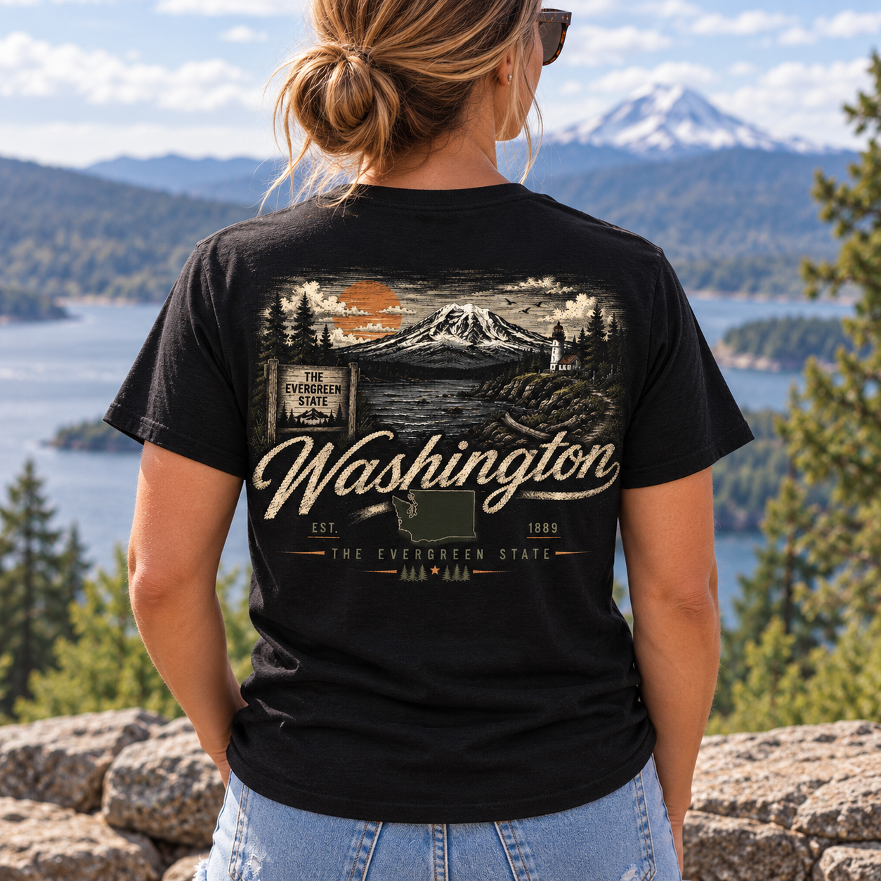 A woman stands outdoors with her back to the camera, wearing a black graphic T-shirt featuring a scenic Washington state design with a mountain, lake, trees, and the word 'Washington' in large script. The background shows a natural landscape with water, forest, and distant mountains.